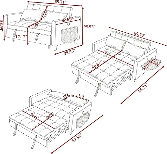 4 in 1 Convertible Sofa Bed, Pull Out Couch