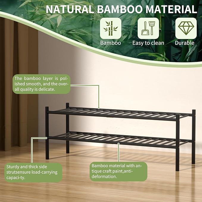 ROMGUAR CRAFT 2-Tier Bamboo Long Shoe Rack, Free Standing Wood Shoe Shelf