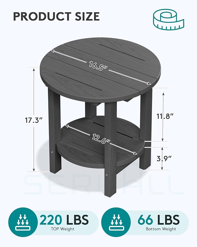 SERWALL Round Outdoor Side Table, HDPE Small Adirondack End Table, 2-Tier Patio
