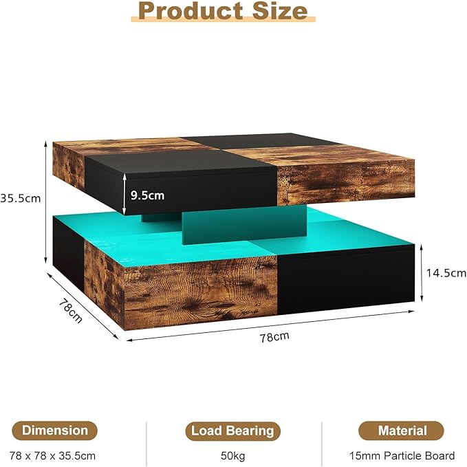 HedoAjim LED Coffee Table for Living Room, Living Room Table 2-Tier Square