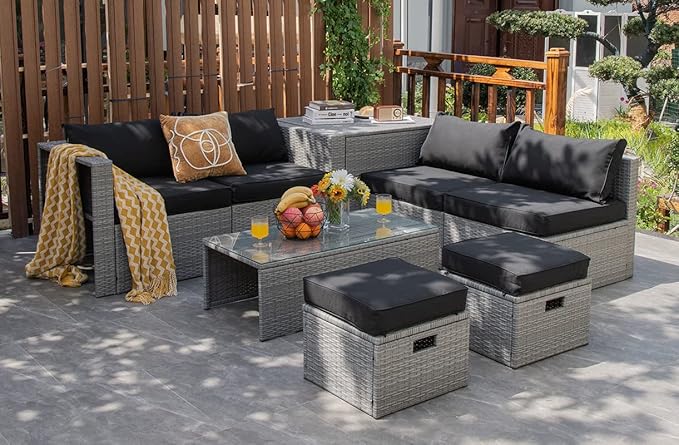 Tangkula 8 Piece Patio Wicker Furniture Set, Patiojoy Space Saving Outdoor PE