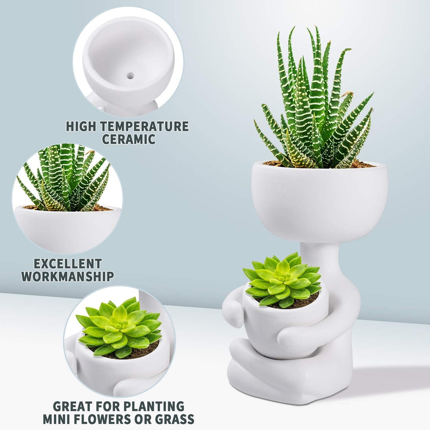 Humanoid Ceramic Flower Pot,Unique Small Planter Sitting Human Shaped Succulent Cactus Cute Plant Pot Container for Home Office Room Desk Window Desktop Decoration White,2.36x3.93 Inches