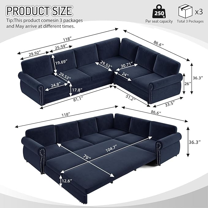 118" L-Shaped Sleeper Couch Bed