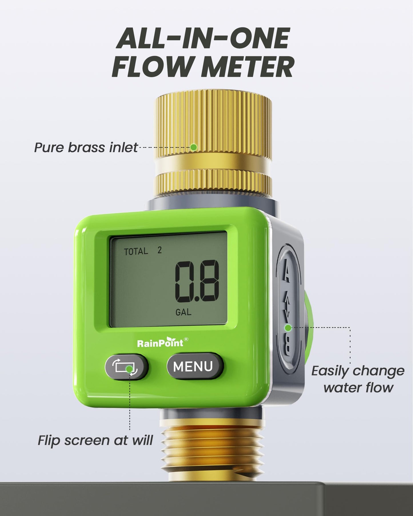 RAINPOINT Water Flow Meter, ±5% Accuracy, Pure Brass Inlet & Outlet Water Meter, 180° Screen-Flip, 4 Measure Modes for Outdoor Garden Hose, Lawn Sprinkler Watering, RV Water Tank Filling, Green