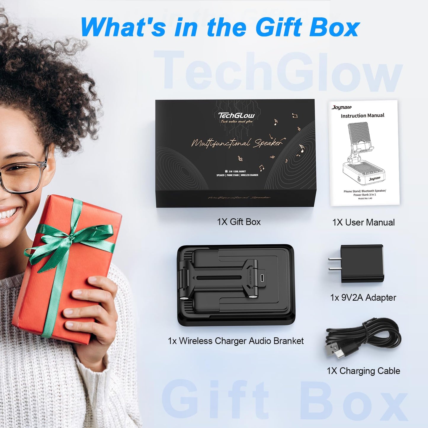 Gifts for Men Women-TechGlow Bluetooth Speaker with Phone Stand and Wireless Charger Compatible with iPhone 16 15 14 13 Pro XS 8 Plus Samsung Galaxy S25 S24 S23 Note 20 Birthday Gift Idea for Mom Dad