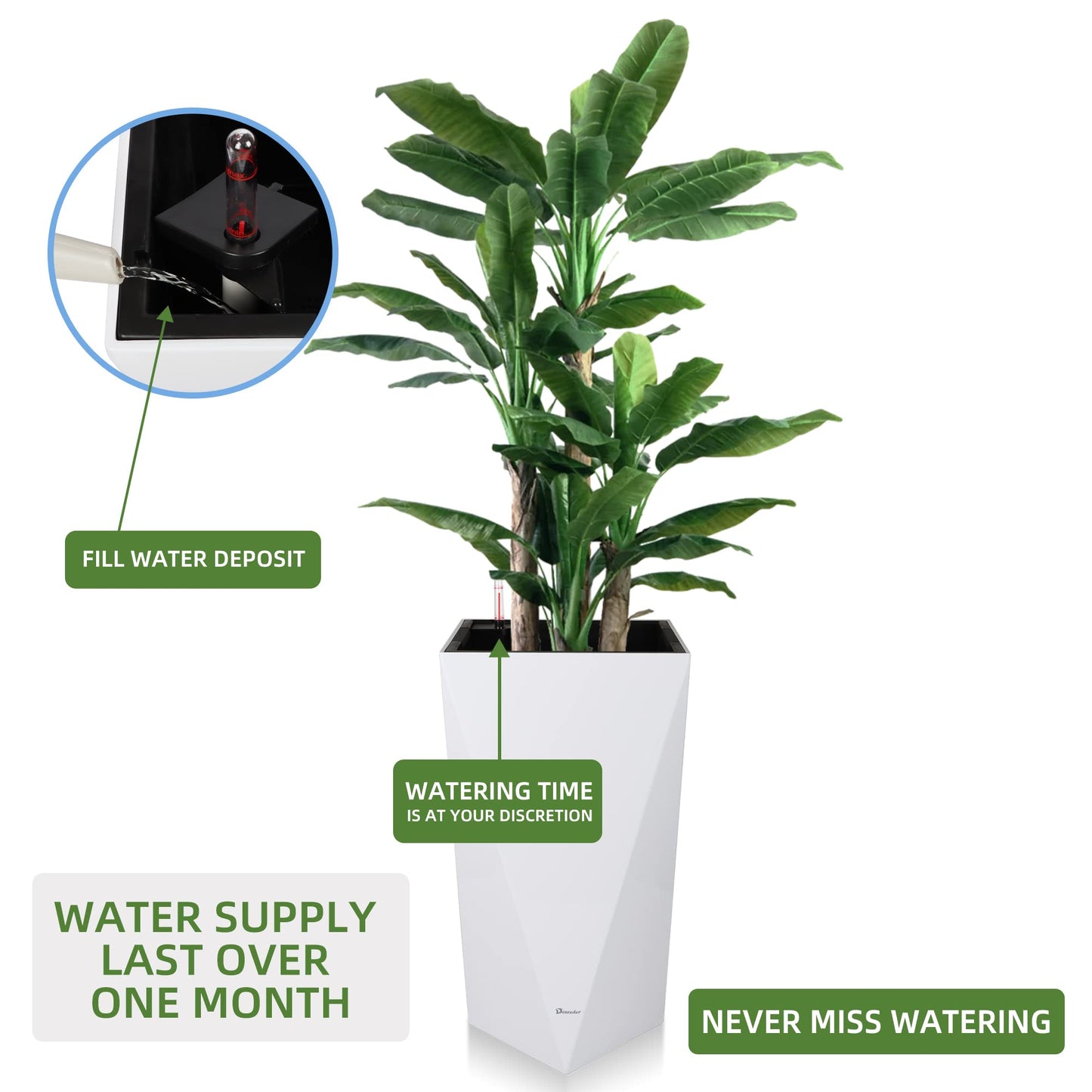 Dexceder 24 Inches Tall Self Watering Planter Diamond High Gloss Indoor Outdoor, Thickened Rhombus Large Floor Standing Flower Plant Pot with Water Level Indicator (White)