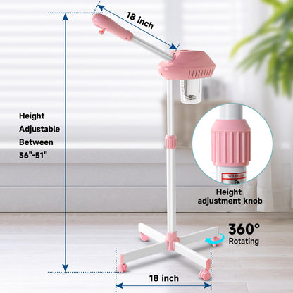 Professional Facial Steamer, 2In1 Face Steamer on Wheels for Facial Deep Cleaning, SPA Facial Steamer for Esthetician with 5X Magnifying Lamp, Stand Face Steamer with Time Setting, Pink