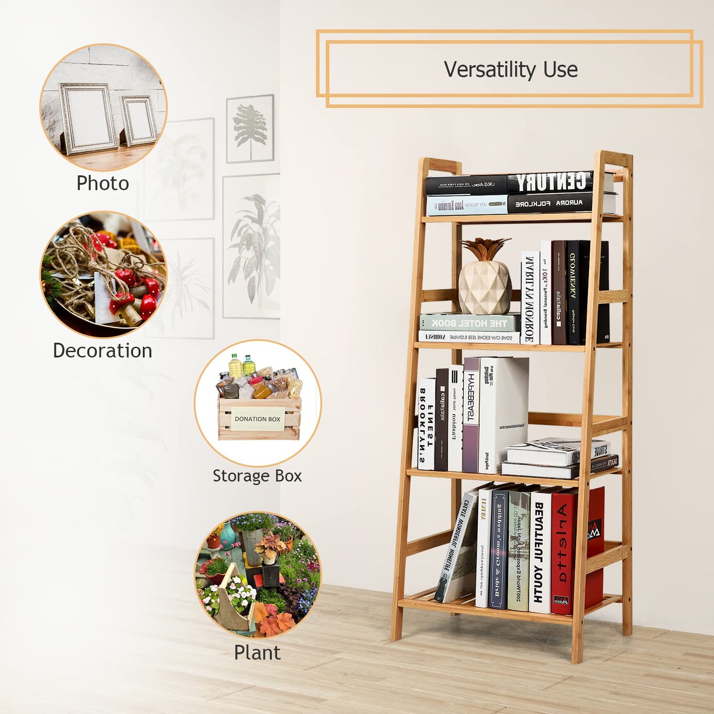 COSTWAY 4-tier Ladder Shelf, Bamboo Plant Stand Rack, Freestanding Bookshelf, Multifunctional Storage Shelves, Flower Stand Rack Holder for Garden, Balcony, Living Room, Bedroom (Natural)