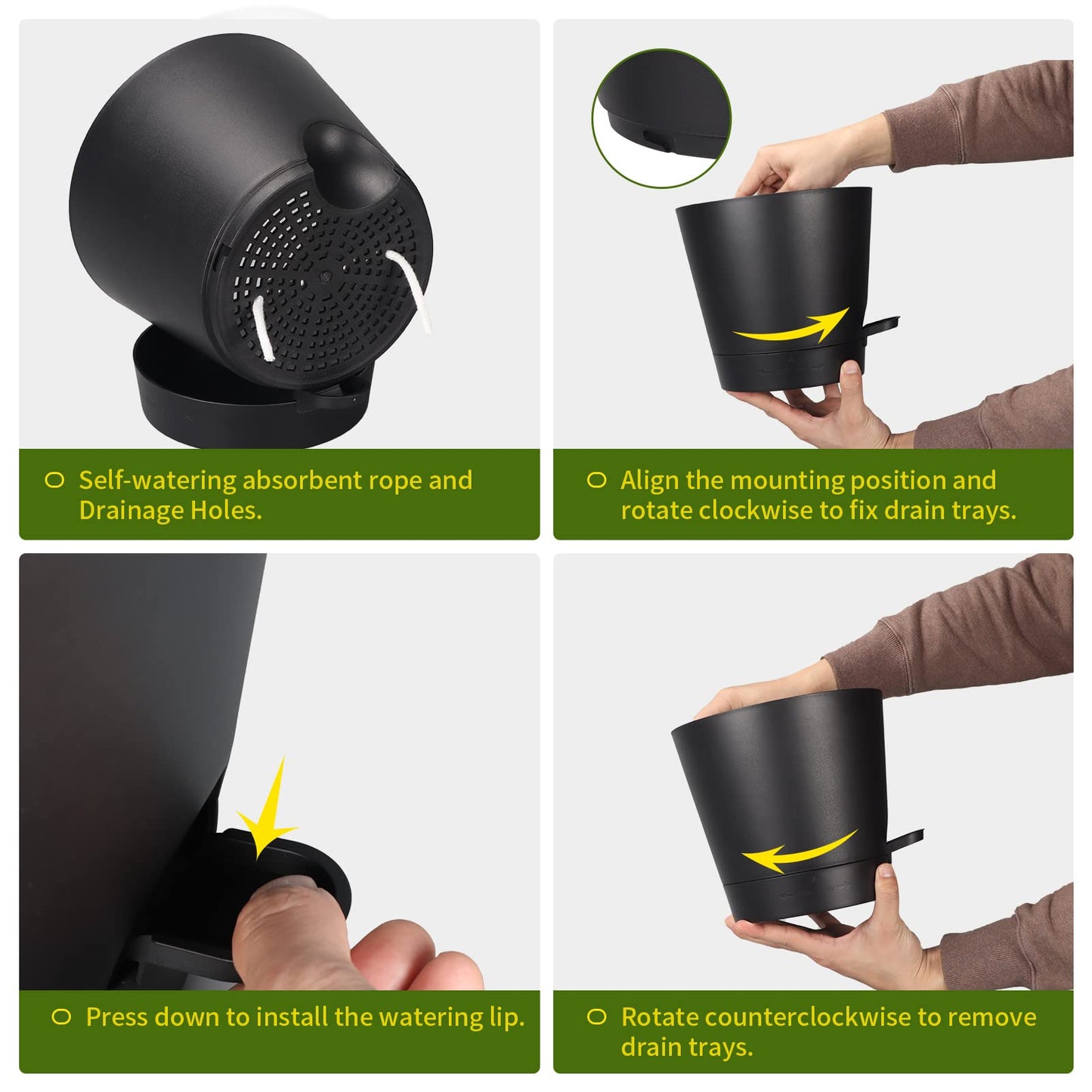 SPEPLA 8 Inch Self Watering pots for Indoor, 6 Pack Plastic Plant Pots with Drainage Holes, Black