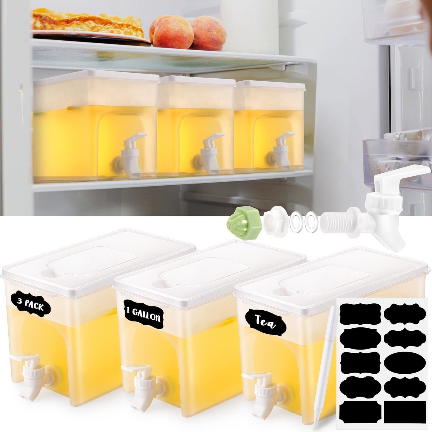Lallisa 3 Pcs Plastic Drink Water Dispenser for Fridge 1 Gallon Beverage Dispenser with Spigot Water Kettle with Faucet Water Container Dispensing Pitcher with Marker Sticker for Juice Summer Party