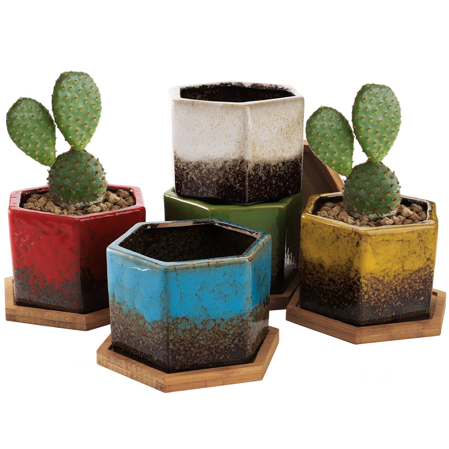 TOPZEA Set of 5 Succulent Planter Pots, 4.2 Inch Hexagon Glazed Ceramic Small Cactus Pot, Geometric Mini Flower Plant Container with Drainage Hole & Bamboo Tray for Home, Office, Windowsill, Desk