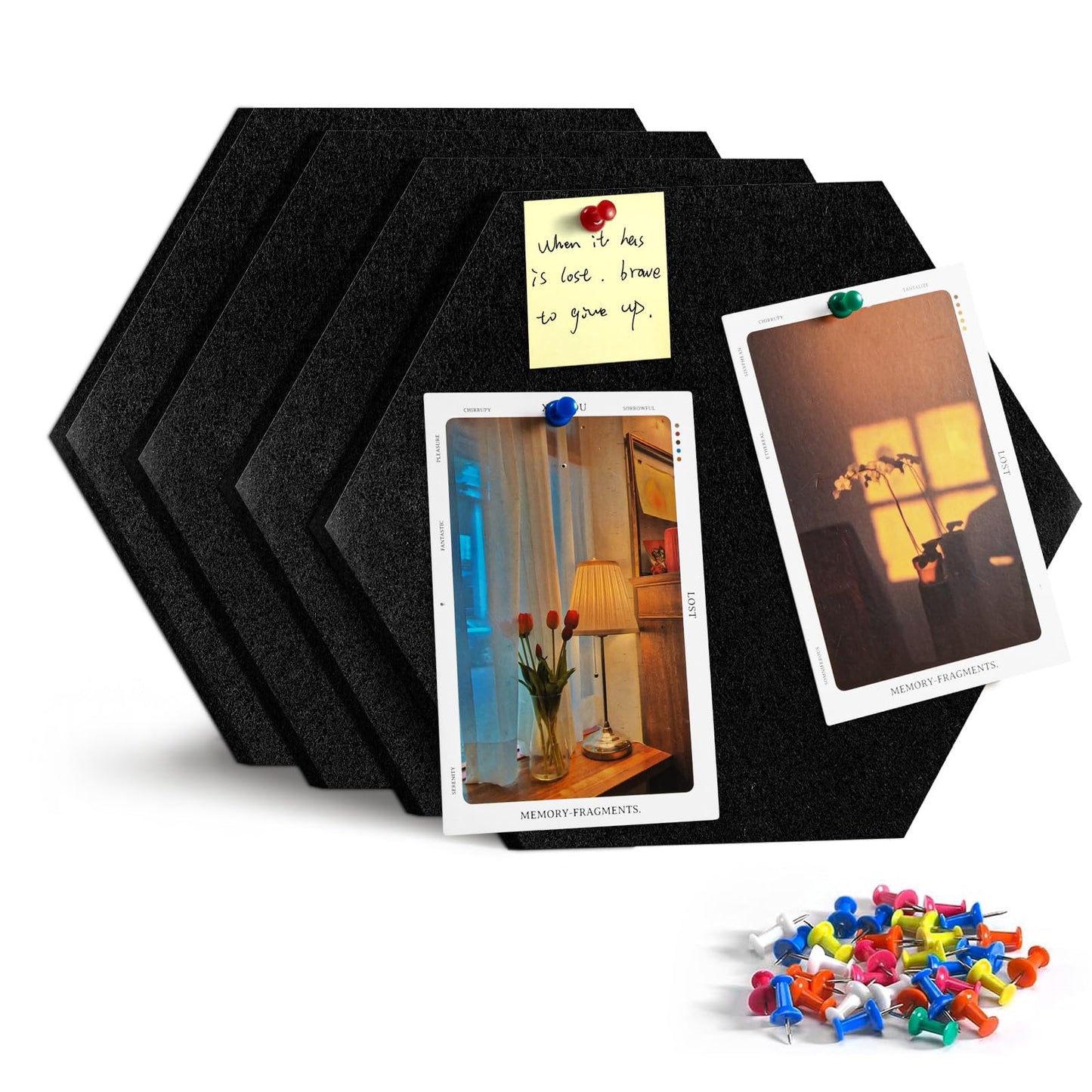 Uoisaiko 4 Pack Hexagon Felt Bulletin Board Tiles - 12" Large Thick Pin Board for Walls with 30 Push Pins, DIY Boards for Office Home School Decor, Aesthetic Hex Cork Board Alternative