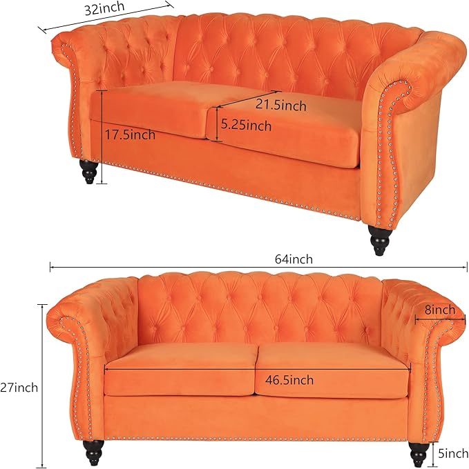 ORRD 2 Piece Living Room Set, Velvet Chesterfield Sofa Loveseat Couch Chair