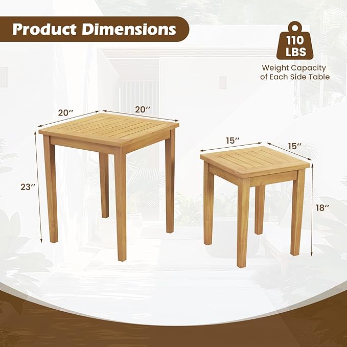 Tangkula 2 Pieces Patio Nesting Table, Teak Wood Outdoor Space Saving Design
