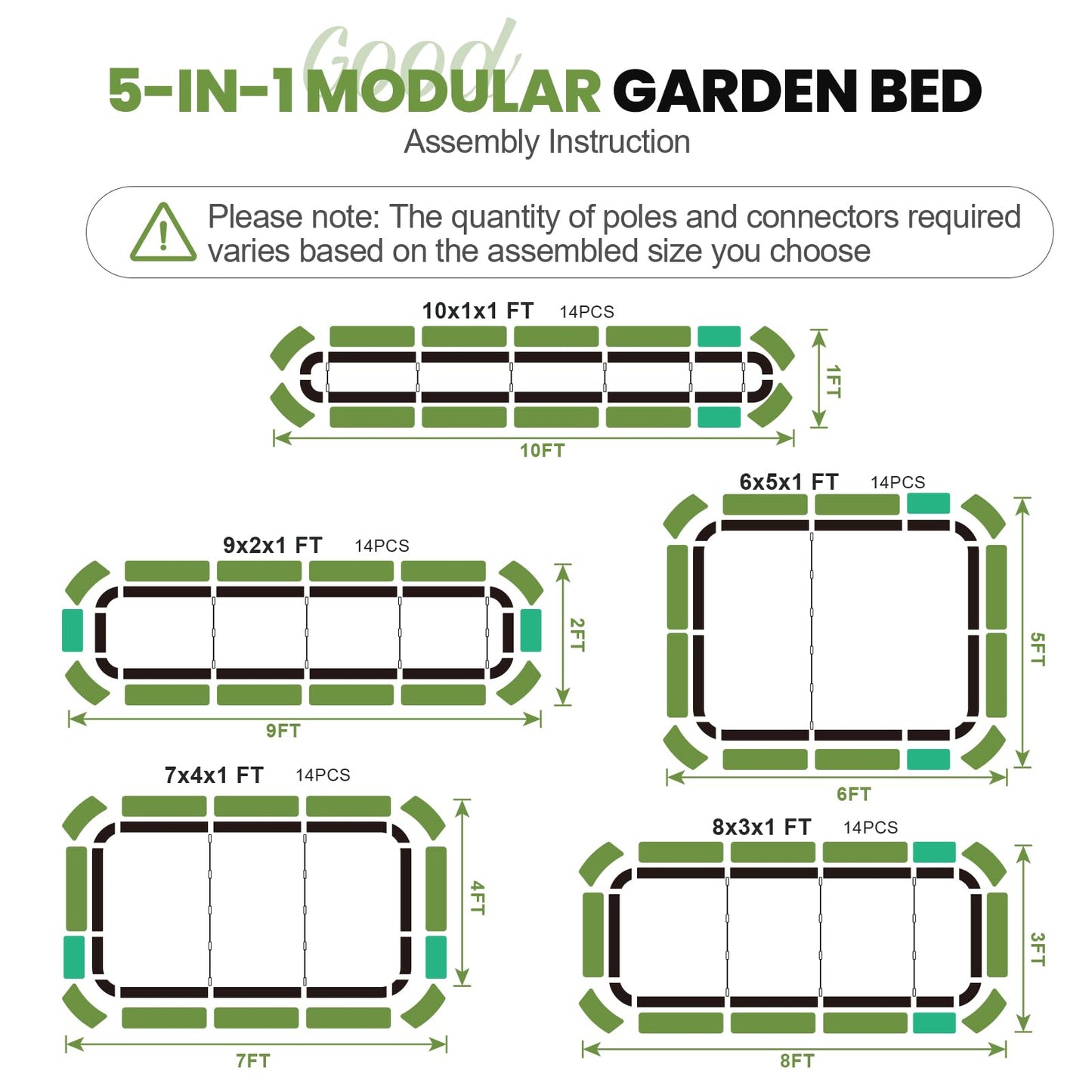 5-in-1 Adjustable Raised Garden Bed Kit | Galvanized Planter Boxes for Vegetables, Flowers | 12" Tall, Multiple Sizes (8x3x1ft, 9x2x1ft, 10x1x1ft, 6x5x1ft, 7x4x1ft) | Outdoor Metal Raised Bed, Green