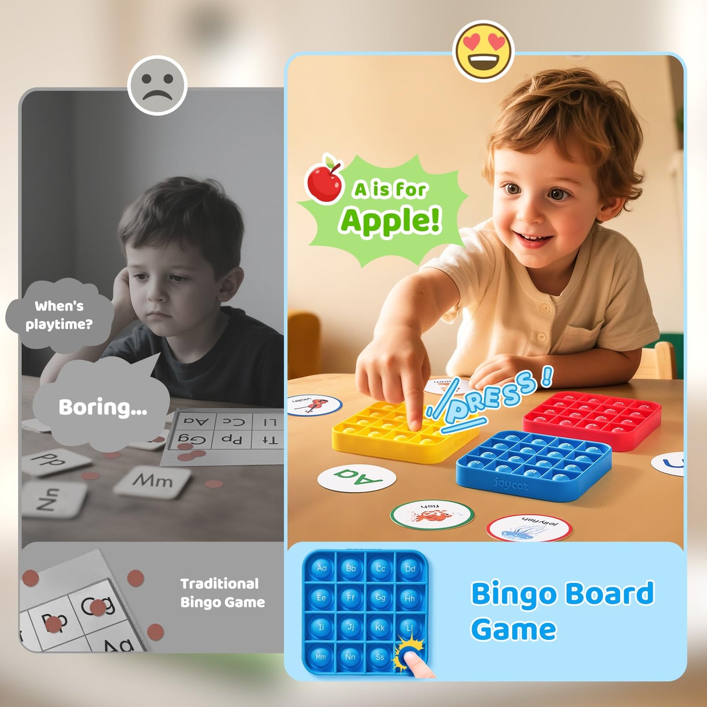 JoyCat Alphabet Bingo Game for Kids Ages 3-5, Sensory ABC Learning Toy with 6 Reusable Silicone Bingo Boards, 26 Double-Sided Letter & Picture Cards, Preschool Kindergarten Classroom Game