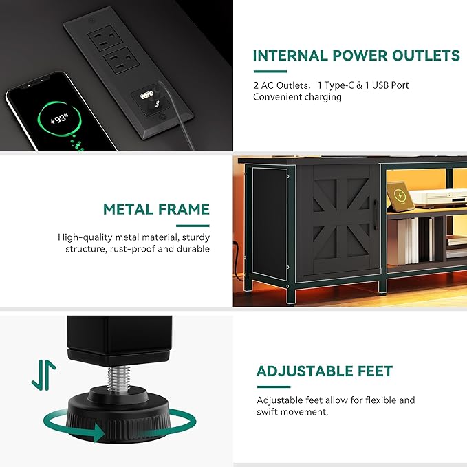 YITAHOME TV Stand with LED Lights & Charging Station, Farmhouse Entertainment