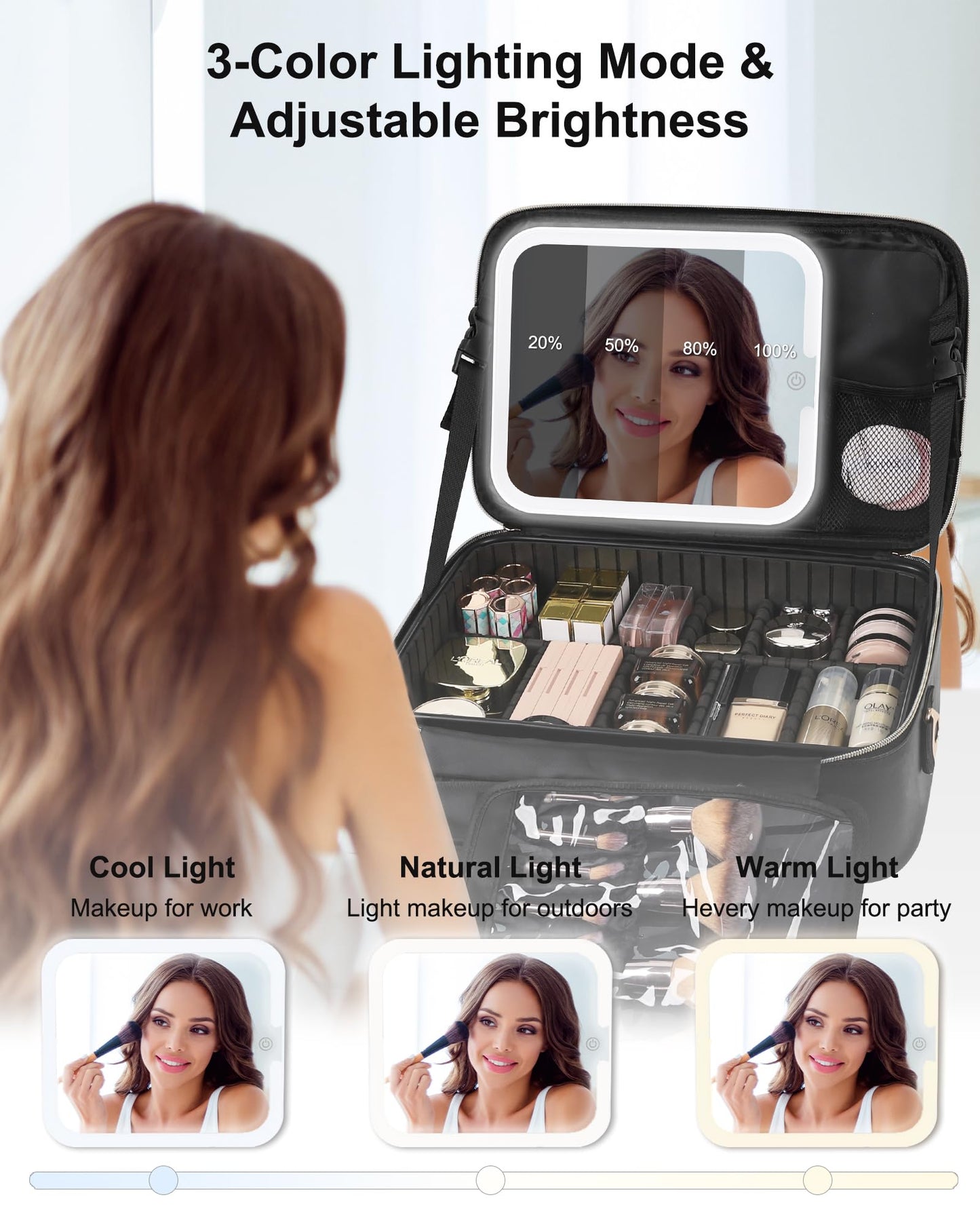 Relavel Travel Makeup Bag With LED Mirror, Cosmetic Train Case with Light up Mirror, Portable Makeup Artist Organizer Bag with Adjustable Dividers, Makeup Brush Holder Storage, Black