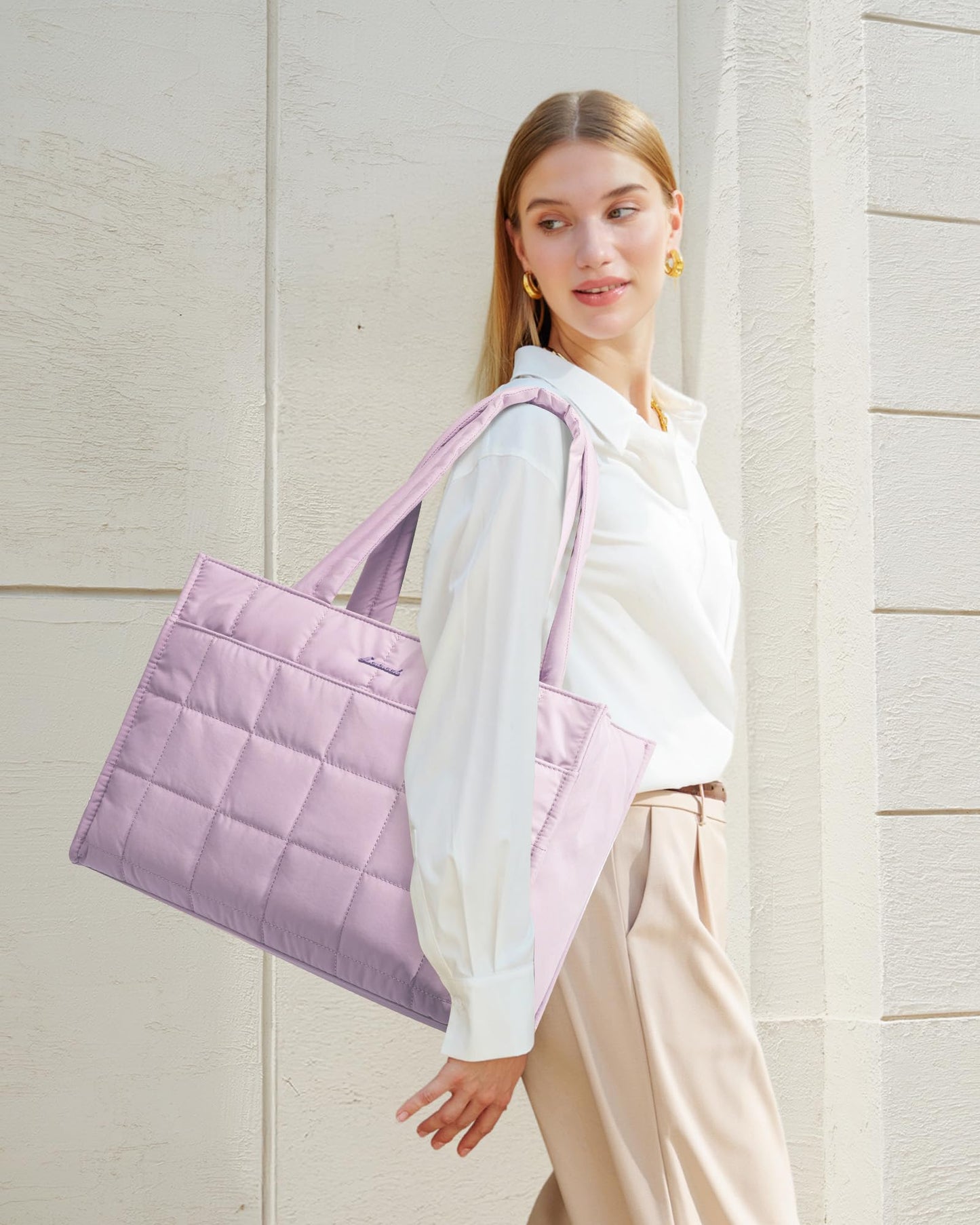 LOVEVOOK Tote Bag for Women, Puffer Work Handbag 15.6 Inch Laptop Purse for Nurse Teacher, Large Quilted Travel Tote Shoulder Bag with Zipper for College Office Clinical Gym, Light Purple