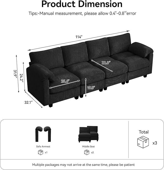 114'' Sectional 4 Seater Couch, Oversized Modular Couches