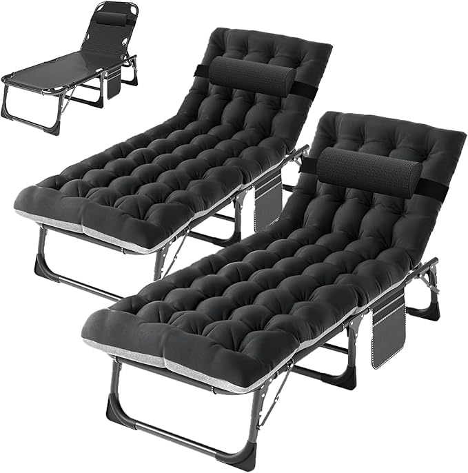 ABORON 2PK Oversized Chaise Lounge Chair, 5 Positions Padded Outdoor Tanning