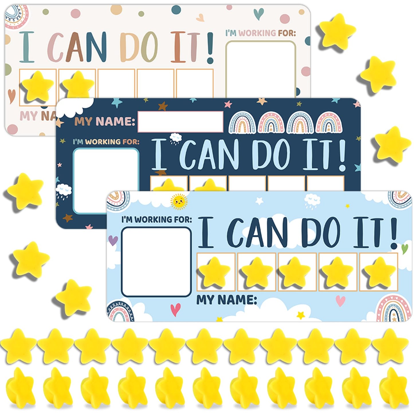 3 Sets Magnetic Rewards Chart for Kids I Can Do It Token Board Boho Rainbow Behavior Chart at Home Positive Star and Customization Goal Box Incentives for Teacher Essentials Elementary Classroom