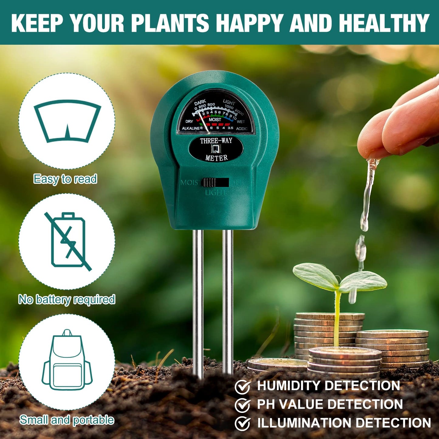 4 Pieces Plant Moisture Meter 3 in 1 Soil Moisture Meter for House Plants PH Tester Moisture Monitor for Gardening Indoor Outdoor Lawn Patio Farm Plants Care, No Battery Required (Green)