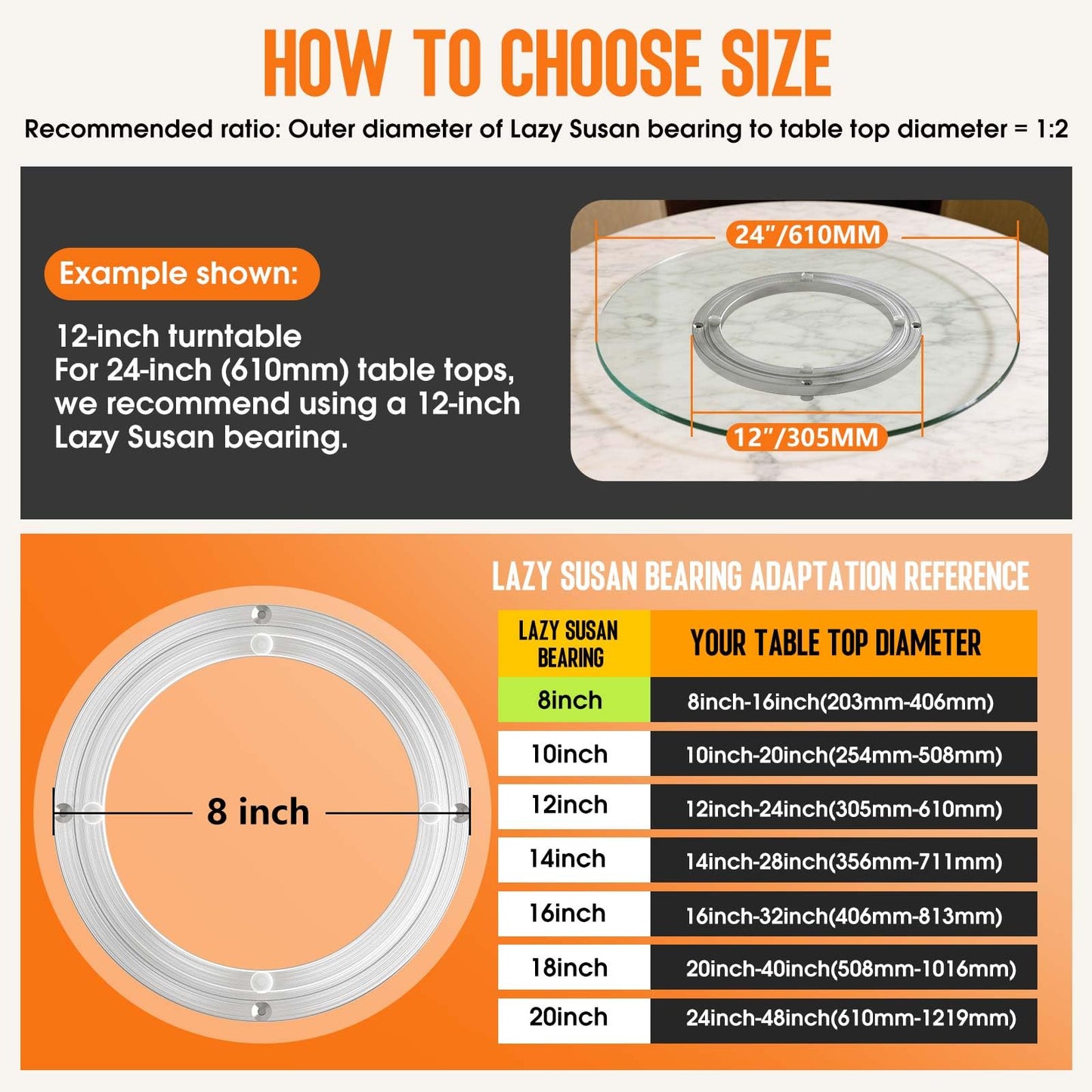 Heavy Duty Lazy Susan Turntable Bearing 8 Inch, 500lbs Capacity Rotating Swivel Plate for Round Table, Heavy Duty Swivel Base for Dining Room Kitchen