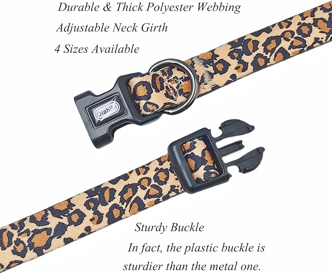 Dog Collar Leash Set, Leopard Pattern, Polyester Material, Adjustable Collar and 5ft Matching Leash, for Medium Dogs.(M, Brown Leopard)