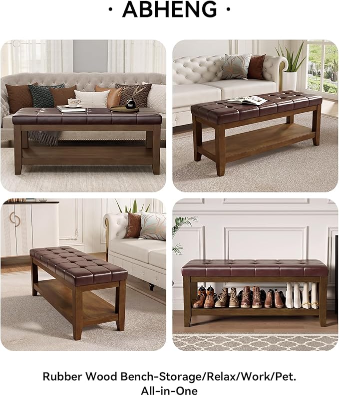 ABHENG Solid Rubber Wood Shoe Bench, Easy-Clean PU Upholstered Seat, 770LB Load