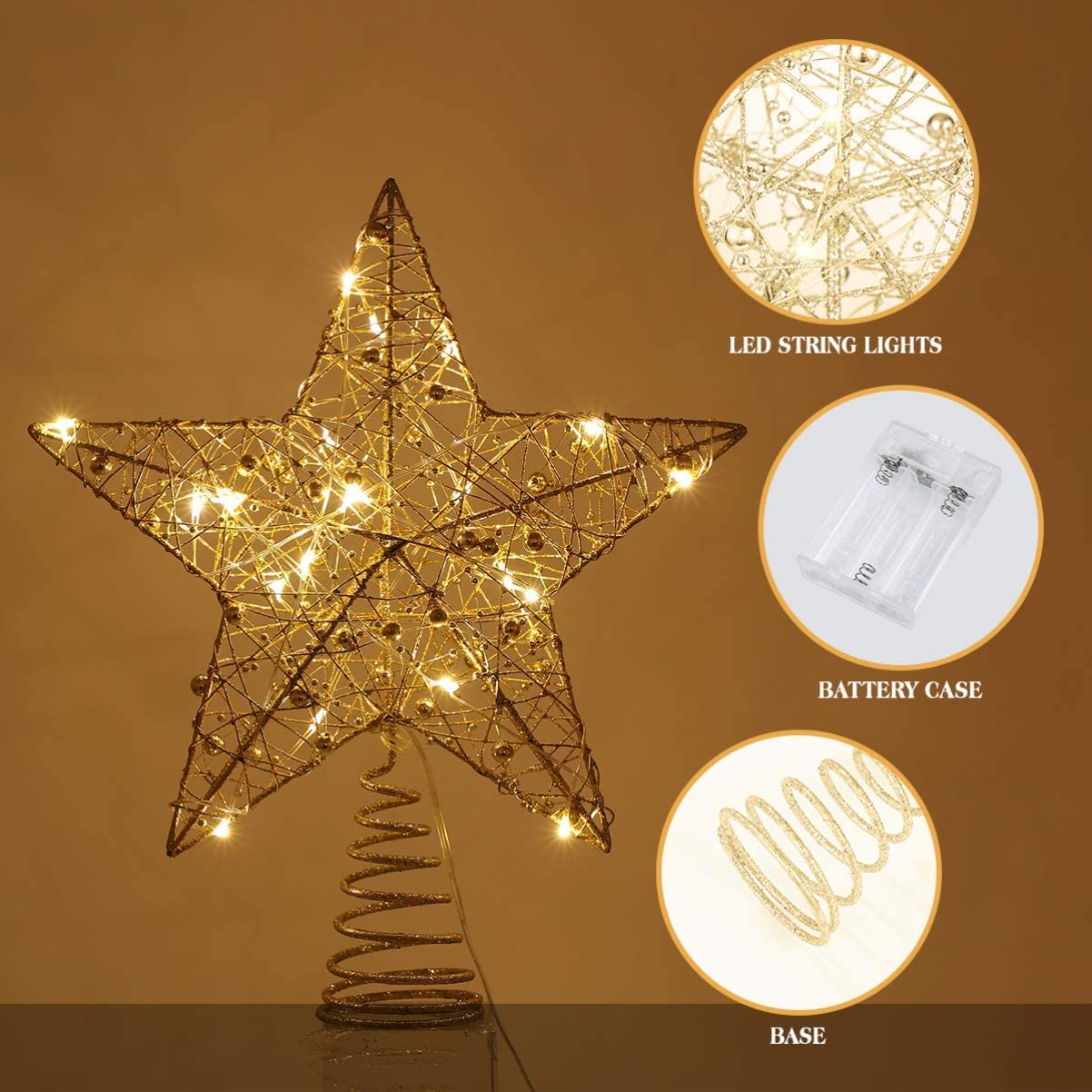 Gold Star Tree Topper, Rustproof Wire Christmas Tree Topper Star 9.84 X 7.87 X 2.36 Inch Decorative Lighted Treetop for Holiday Party and Home Decor