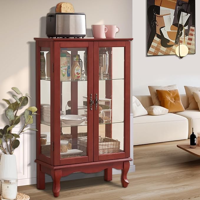Curio Cabinet With Lighted Tall Leg Glass Door, Antique Display With Mirrored