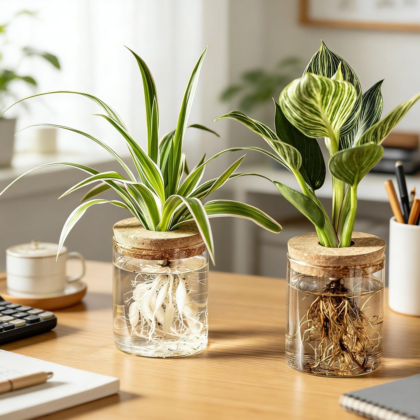 QeemTaco 4Pcs Glass Plant Propagation Vase with Wooden Stopper, Hydroponic Terrarium Cylinder Bottle for Plant Cuttings, Modern Desktop Plant Holder for Home Office Decor