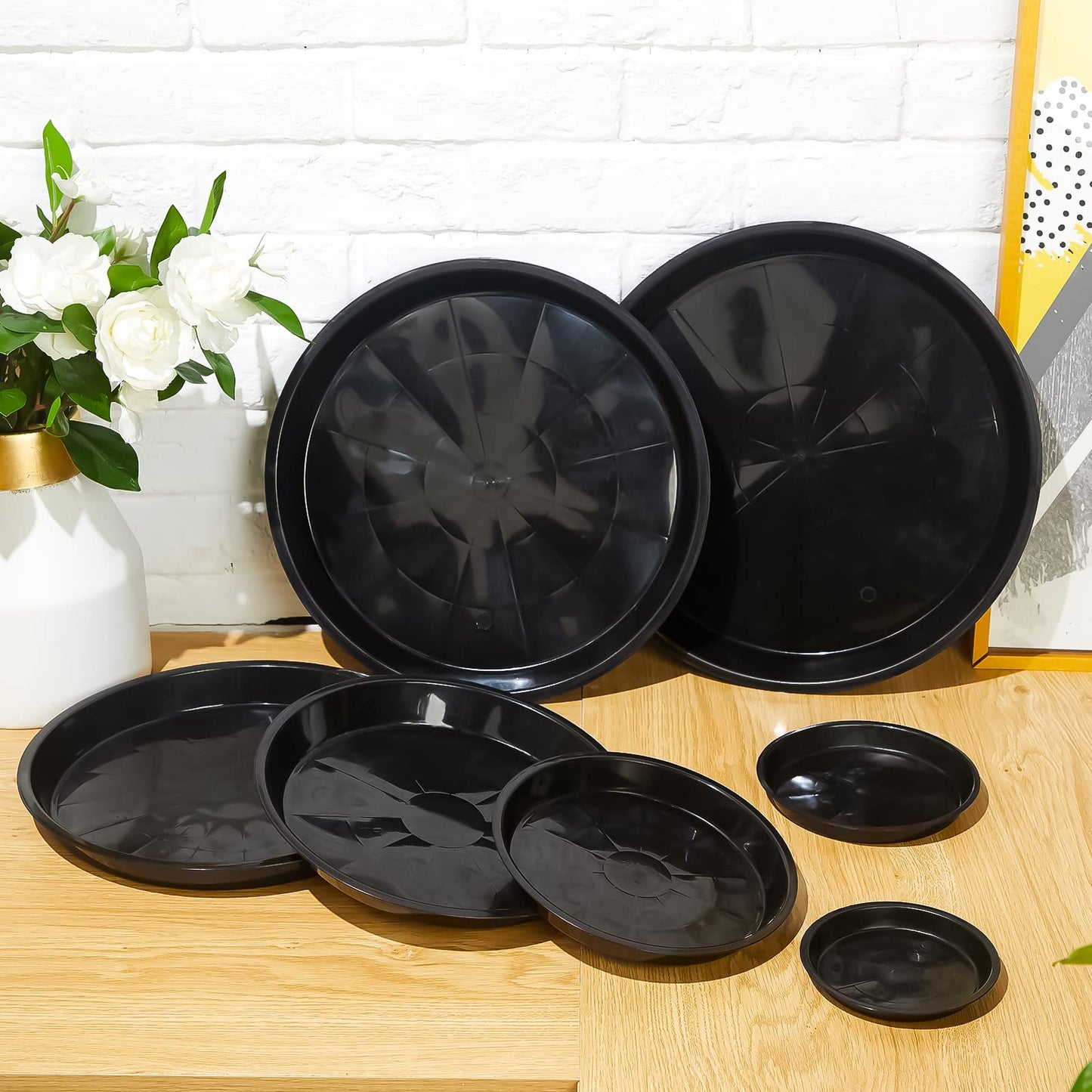 Honeydak 48 Pieces Plant Saucer Potted Plant Trays Round Plastic Drainage Tray Sturdy Drip Flower Saucers for Potted Indoor Outdoor Home Garden, 4/6/ 8/10/ 12/13 inches (Black)