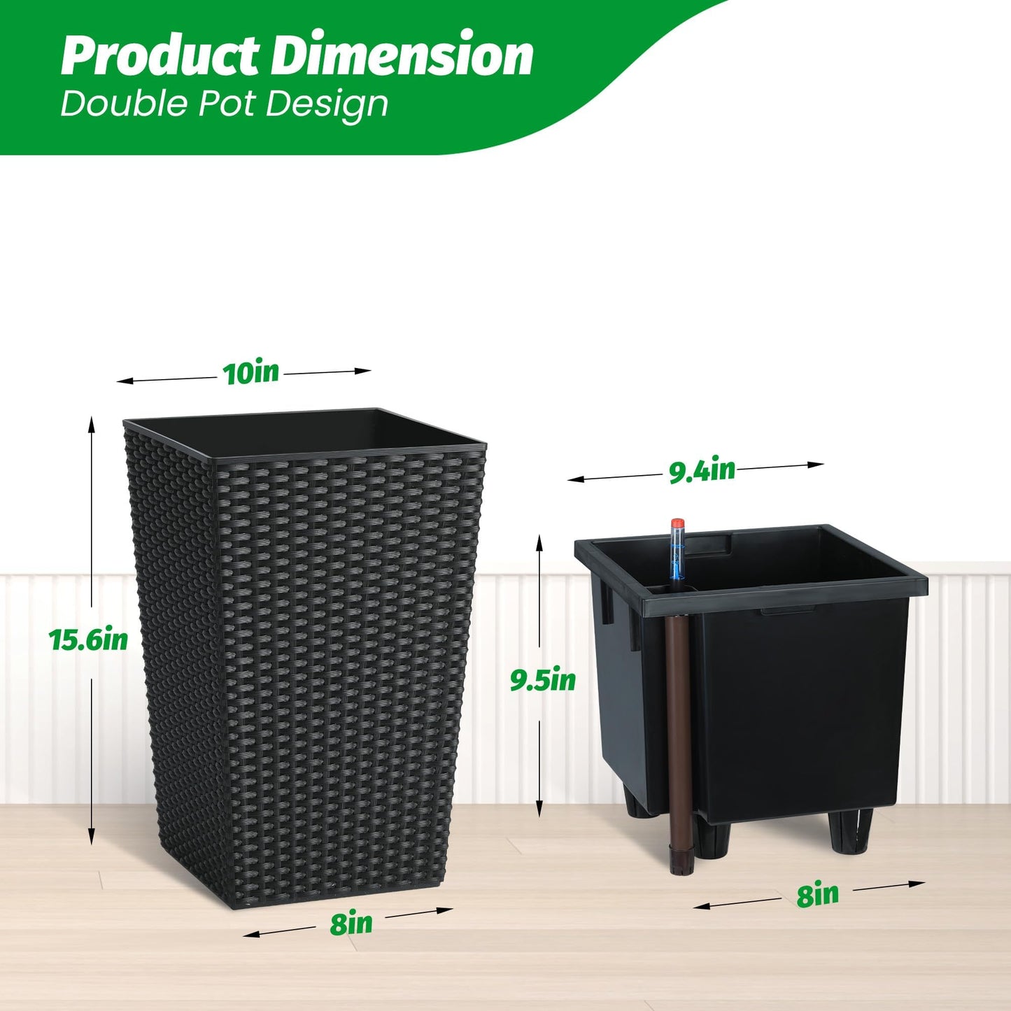 Tall Wicker Planter with Insert Set of 2-Self Watering Large Tall Rattan Planter Pots for Indoor and Outdoor 22.5 Inch,Wicker Flower Pots for Front Door,Porch and Patio in White/Black/Brown