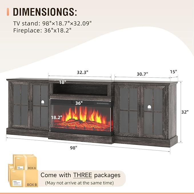 98" Farmhouse TV Stand with 36" Fireplace