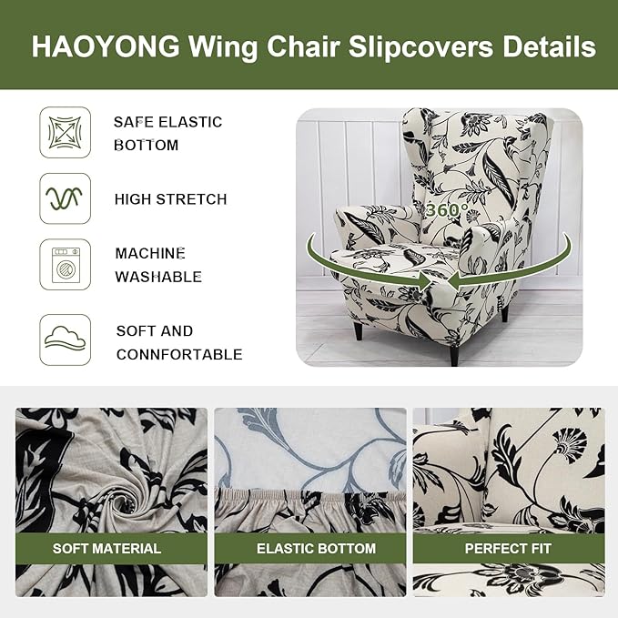 HAOYONG Wing Chair Slipcovers Printed Wingback Chair Covers 2 Pieces Wingback