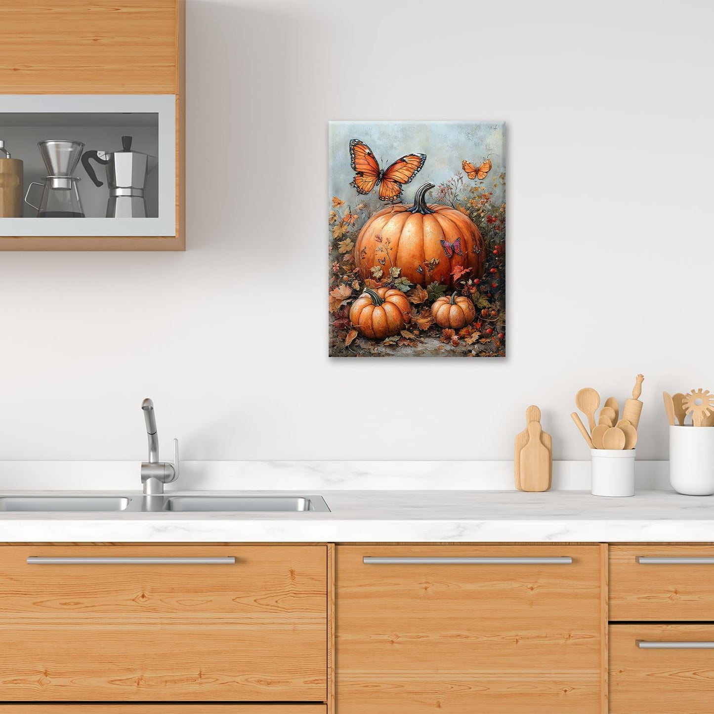 Fall Pumpkin Pictures Wall Art, Rustic Thanksgiving Bathroom Wall Decor, Farmhouse Autumn Butterfly Framed Painting Canvas Artwork for Harvest Gift Bedroom Living Room Decorations 16" L x 12" W