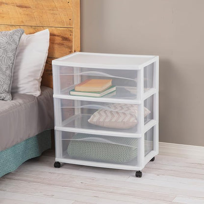 Sterilite 3 Pack Wide 3 Drawer Storage Cart, Plastic Organizer with Wheels, White - Multipurpose Bin for Clothes, Accessories, or Home Accessories