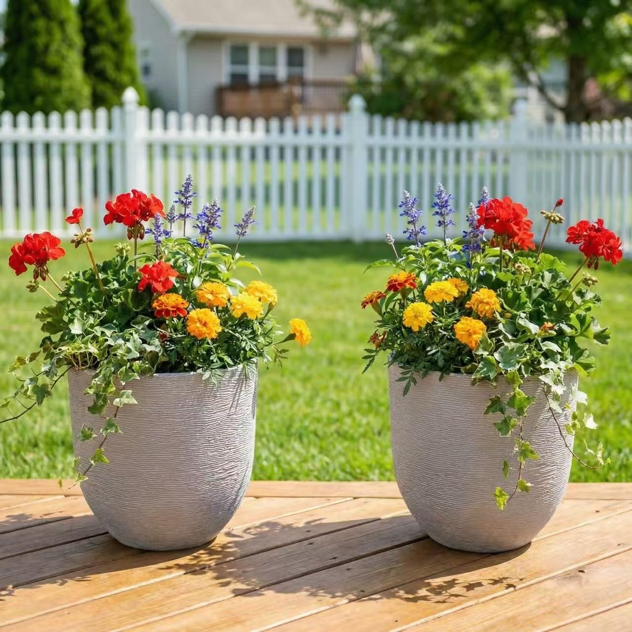 10 inch Plant Pots Stone Finish Lightweight Flower Planter with Drainage Hole for Outdoor Garden Patio Indoor Greenery, Set of 2 (Light Grey)