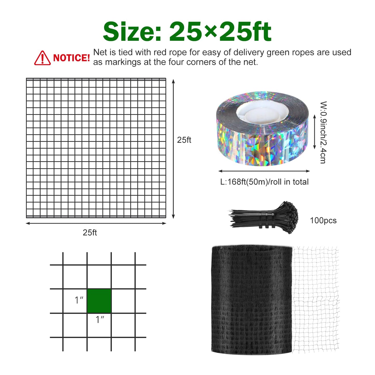 Poultry Netting 25x25 ft, 1" Square Mesh Heavy Duty Chicken Run Net, Garden Netting to Protect Plants, Fruit Trees, Vegetables from Birds, Deer, Pests & Animals for Farm, Orchard, Coop