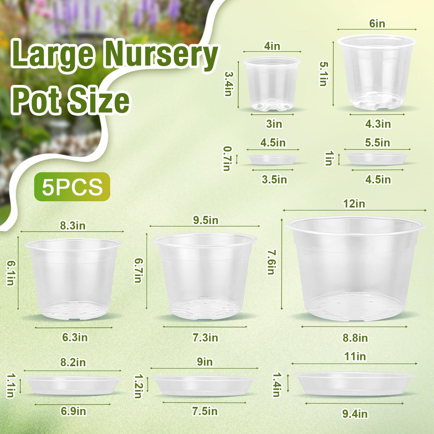 FUOAUYK 12/10/8/6/4 Inch Clear Nursery Pots with Drainage and Saucers, 20 Pack Large Clear Plastic Nursery Pots for Plants, Seedling Plant Pots for Repotting and Growing Plants, Flowers & Vegetables