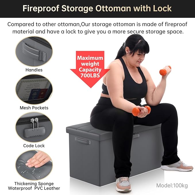 ENGPOW Storage Ottoman Bench, Fireproof Folding Bench