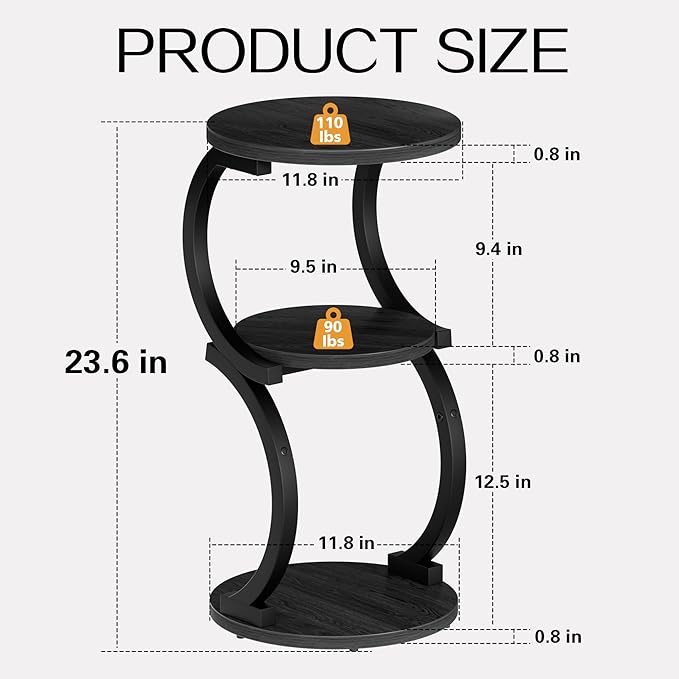 JUSTOGO Small Round Side Table, 3-Tier End Table