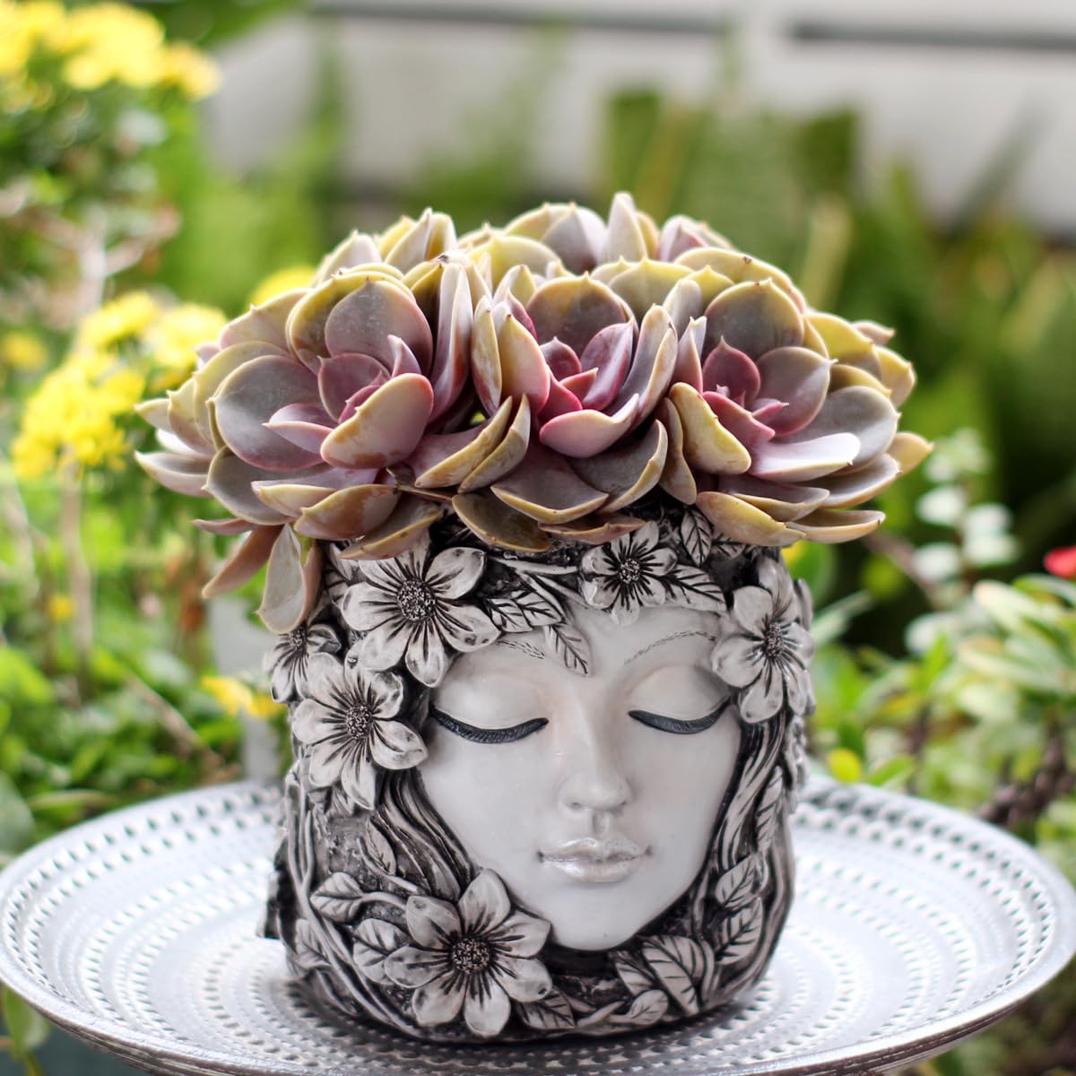 Bohemian Resin Face Planter Pot with Floral Design, Unique Human Head Succulent Pot with Drainage Hole, Weatherproof Lady Face Vase for Indoor Home, Outdoor Garden, Balcony & Desktop Greenery Decor