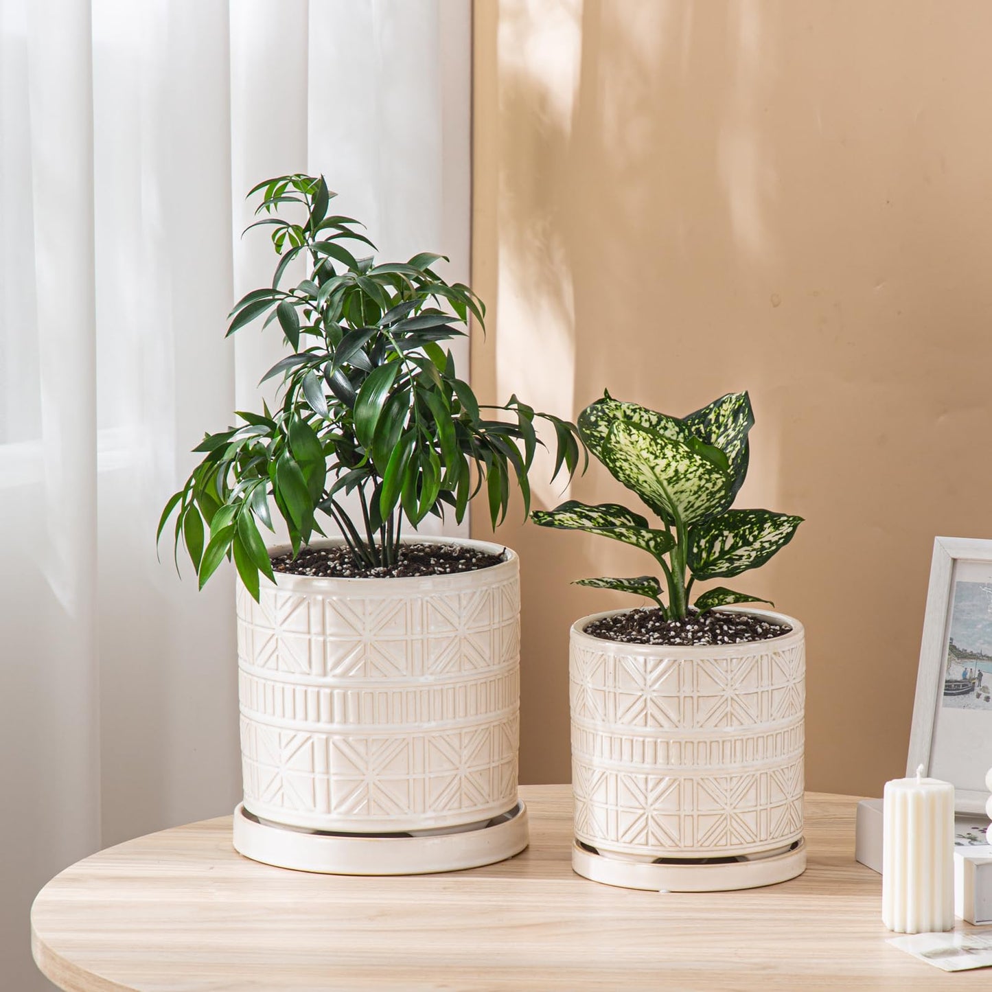 POITONRU Ceramic Plant Pots Indoor-Outdoor: 6 Inch Embossed Planters with Drainage Hole & Saucer - Modern Decorative Flower Pots for Home Garden Patio Office Decor
