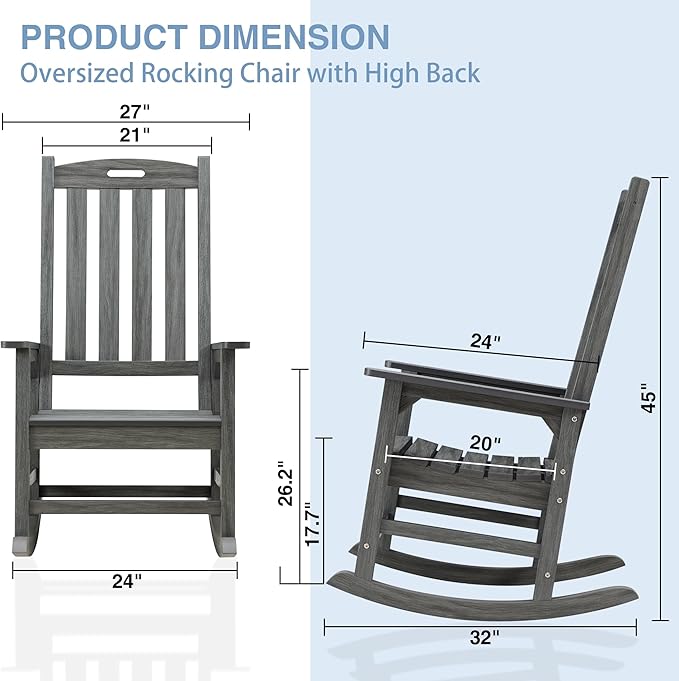 Psilvam Outdoor Rocking Chair, Poly Lumber Oversized Rocking Chair