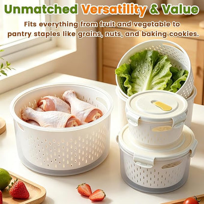 8 Pieces Airtight Fruit Storage Containers for Fridge with Air Circulation Vent, 4 Pack Round Produce Saver with Colander for Berry Lettuce Salad Vegetable Storage, Refrigerator Organizers -White