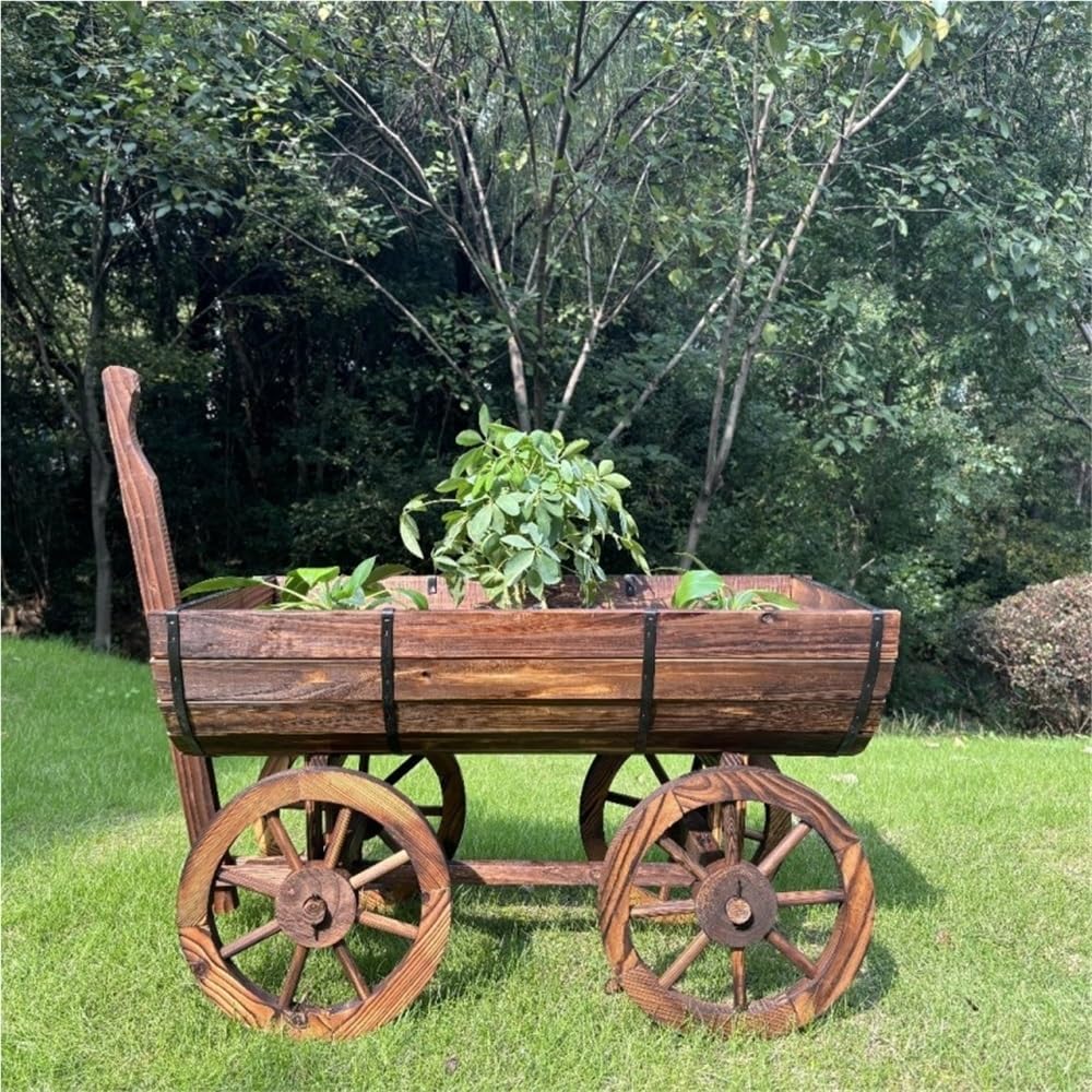 LFSBTI Garden Rustic Wooden Plant Pots, Wagon Wheels for Outdoor Decor, Decorative Wheelbarrow for Patio, Wood Flower Planter Pot Stand with 4 Wheels