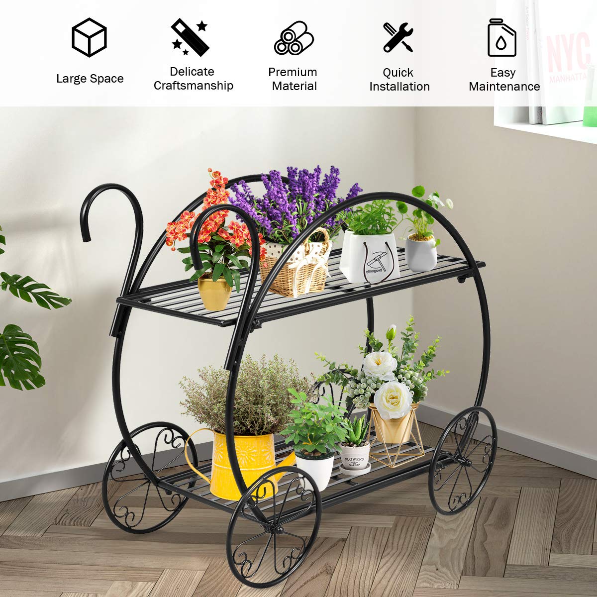 Giantex Garden Cart Metal Plant Stand with 4 Decorative Wheels, Succulent Collection Flower Pot Holder Display Shelf for Home Patio Garden Flower Shop, Parisian Style Plant Potted Rack (2-Tier)